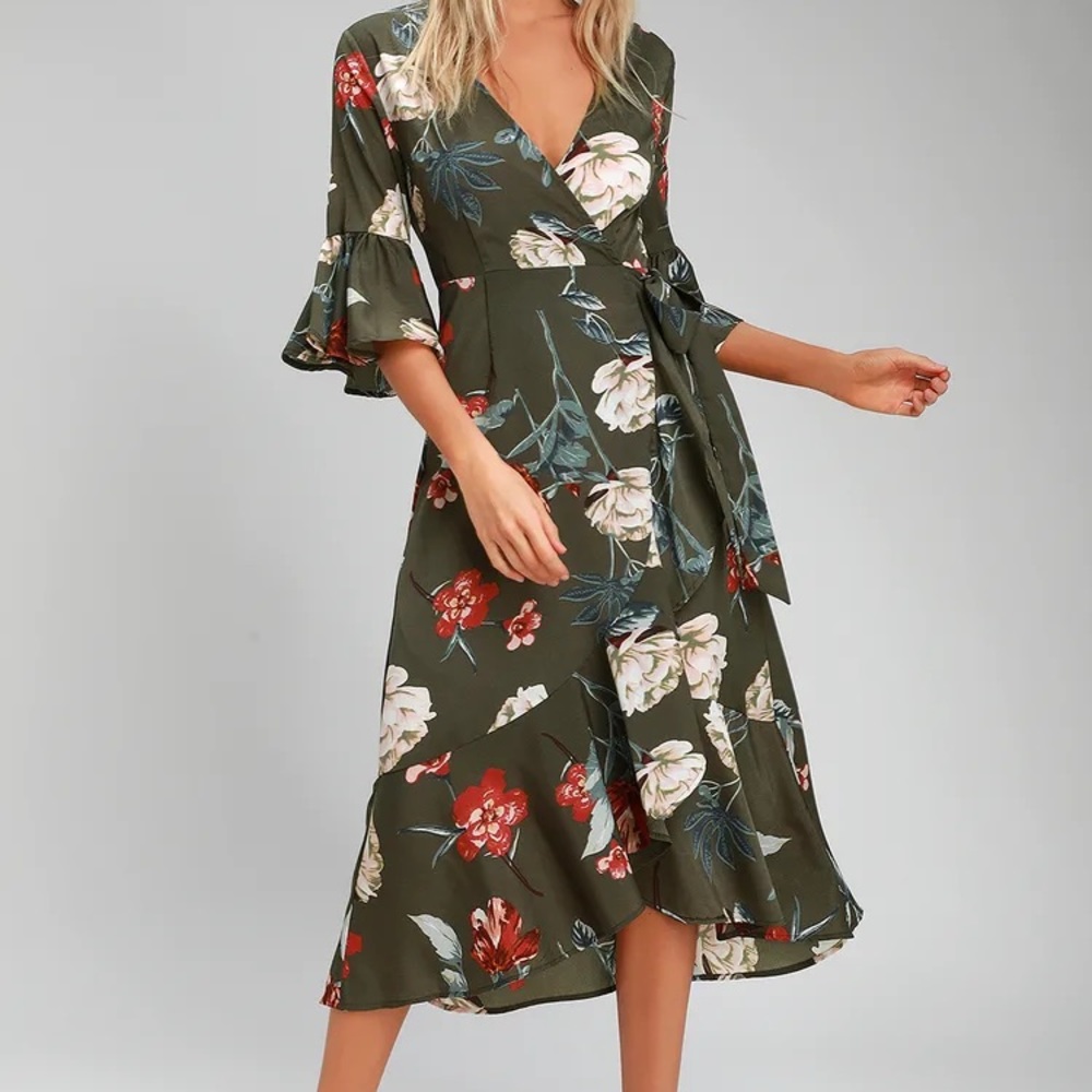 Lulus Love&Light Olive Green Floral Midi Wrap Dress